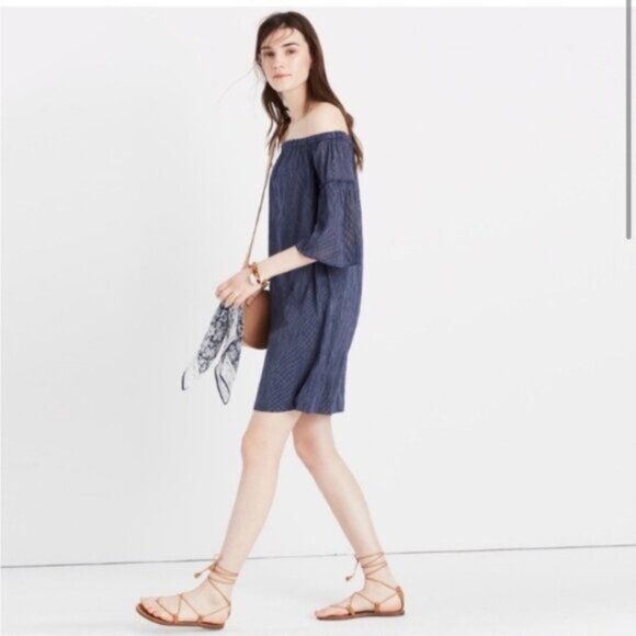 Madewell Women’s Navy Blue Pinstripe Off the Shoulder Bell Sleeve Dress Size 14 - Picture 3 of 8